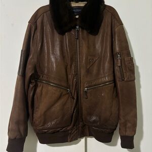 Vintage Men's Brown Leather Bomber Jacket with Fur Collar